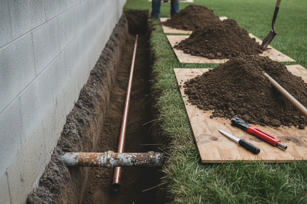 Excavated water line trench during Water Softener Installation in Hinsdale